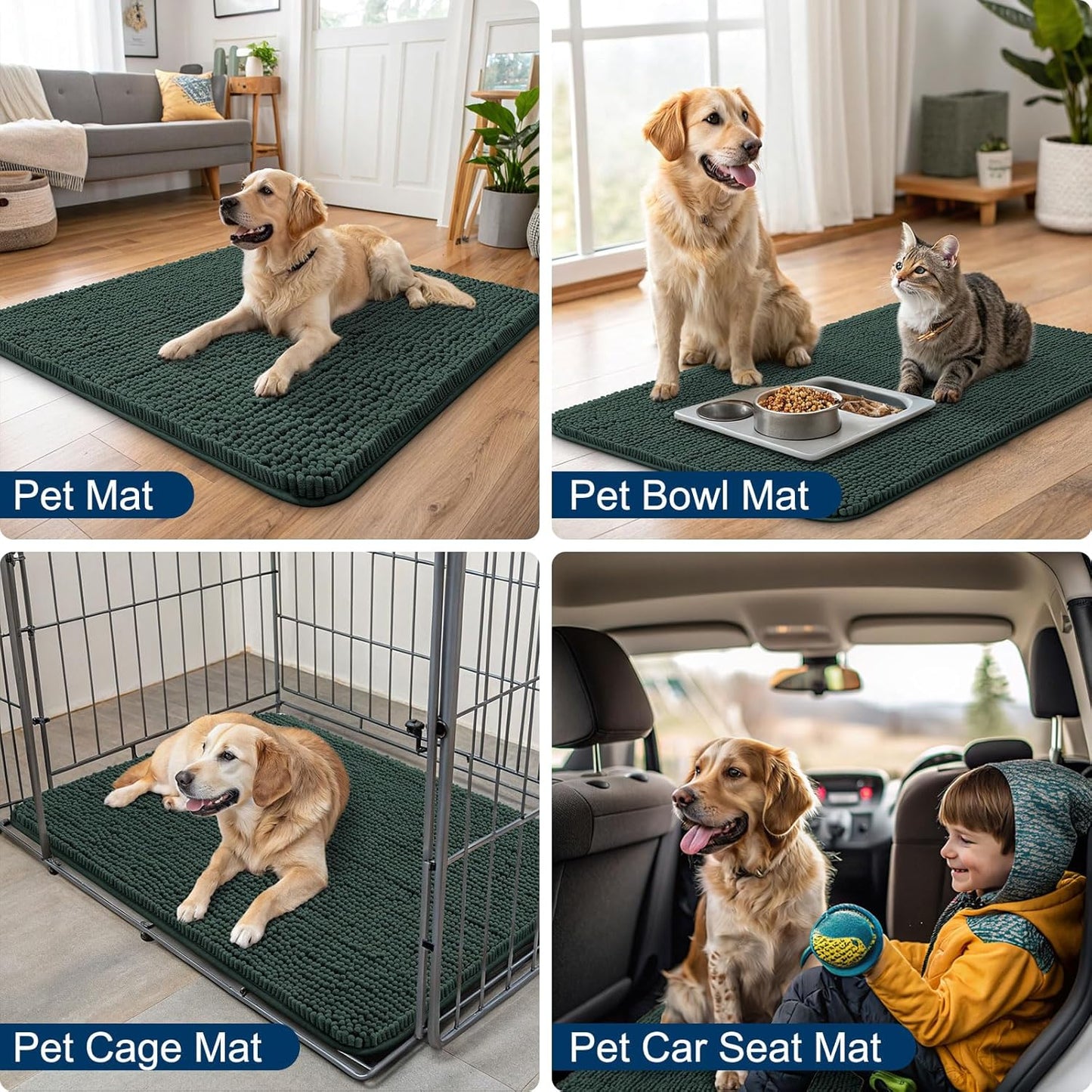 Smiry Dog Door Mat for Muddy Paws 47x32, Absorbs Moisture and Dirt Doormat, Non-Slip Washable Quick Dry Chenille Front Door Mat Indoor Entrance, Entryway Carpet for Inside Floor, Green