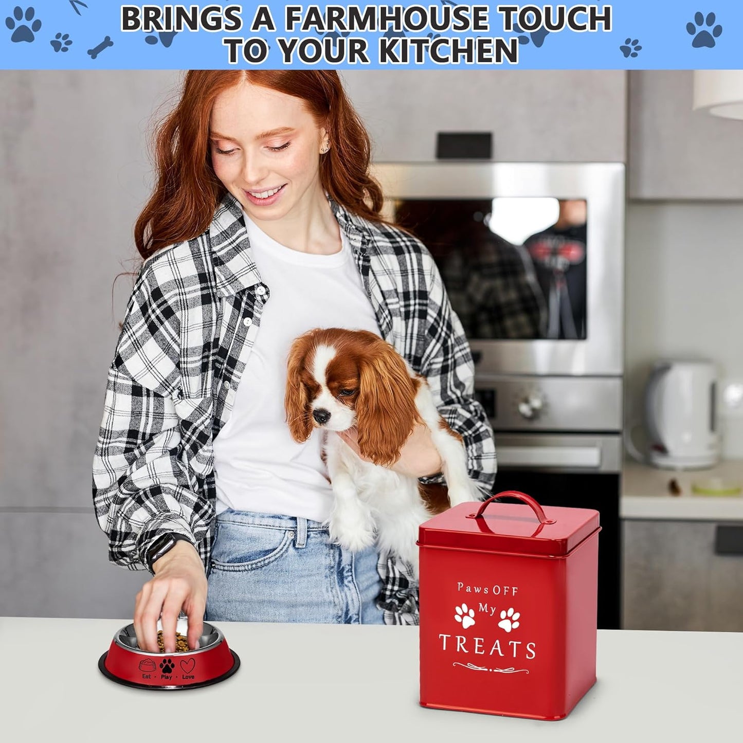 Meraki Home Dog Food Bin & Treats Container - Lateral Handles and Tight Lids - Feed Scoop - Premium Glossy Red Pet Food Bowl -Large Farmhouse Metal Storage Bin - Great Gift for Cute Pets (Glossy Red)