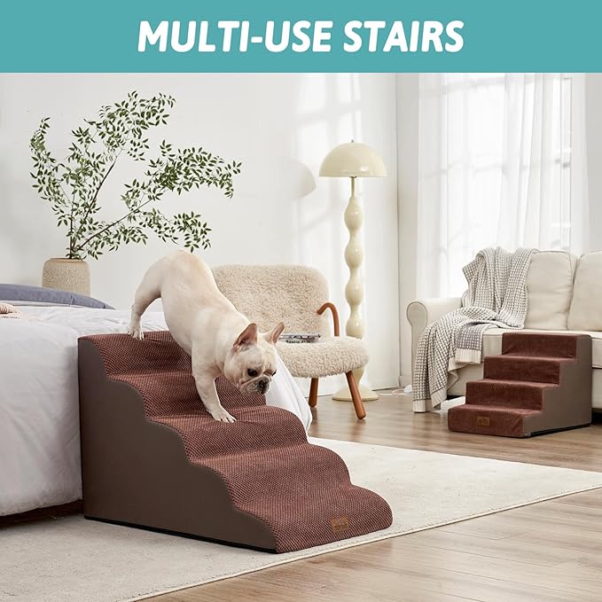 Extra Wide Dog Stairs 19.7" Width, Large Pet Step for Small Medium Dog, Puppy or Cat, Ramp for High Bed or Car, High Density Foam Ladder, Stable, 5 Step, 19.7x33x22.4 inch, Brown