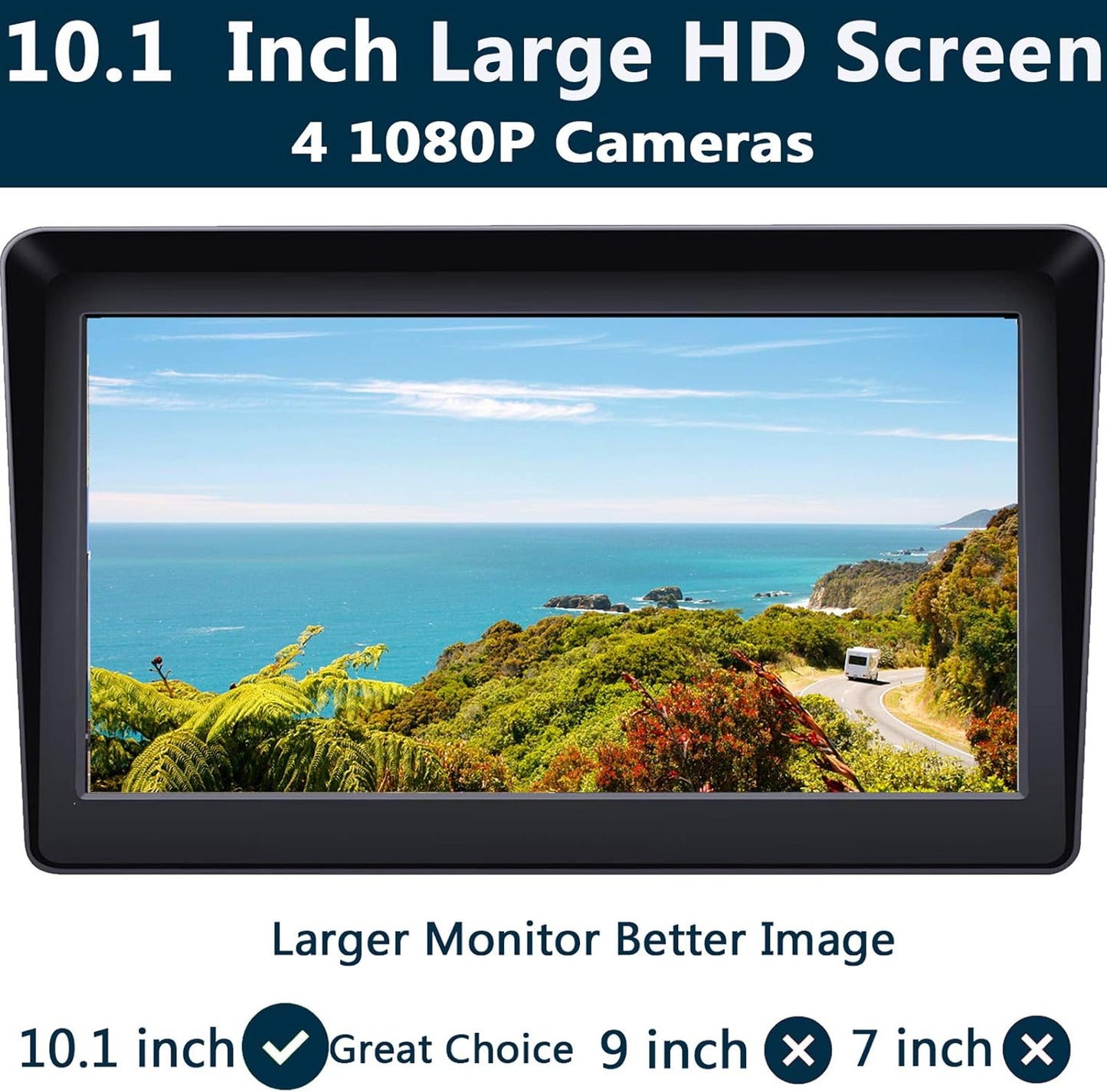 10.1" 1080P Backup Camera Monitor & Built-in DVR for RV Truck Trailer Rear Side Front Reversing View Wired System FHD Image 4 Split Large Screen 64GB Recorder IP69 Waterproof Avoid Blind Spot Kit