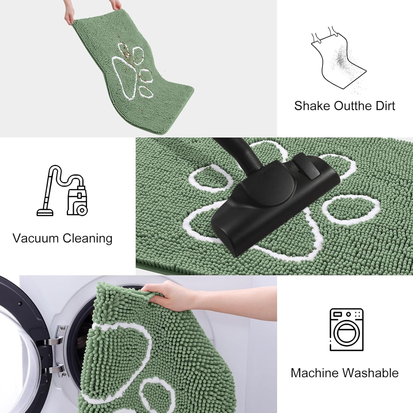 Smiry Dog Door Mat for Muddy Paws, Absorbent Dirt Trapper Non Slip Quick Dry Washable Chenille Mat for Mud Dogs, Entry Rug for Indoor and Outdoor (24x16 Inches, Olive Green and White)