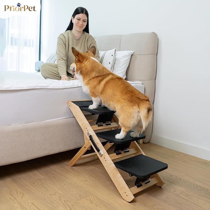 Dog Steps for Bed & Couch 2-in-1 Dog Stairs/Ramp - Height Adjustable Dog Ramp for Couch 7” - 20” - Pet Stairs, Dog Stairs for Small Dogs - Easy to Move Pet Steps with Landing Platform, Natural
