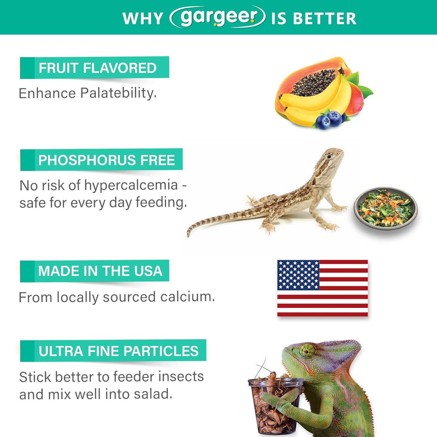 4oz All Reptile Calcium with Vitamin D3, Phosphorus-Free, Ultrafine Powder. Pure dust, Real Fruits Blend Flavored Ready to Use Supplement, for Lizards & Amphibians. Made in The USA. Enjoy !