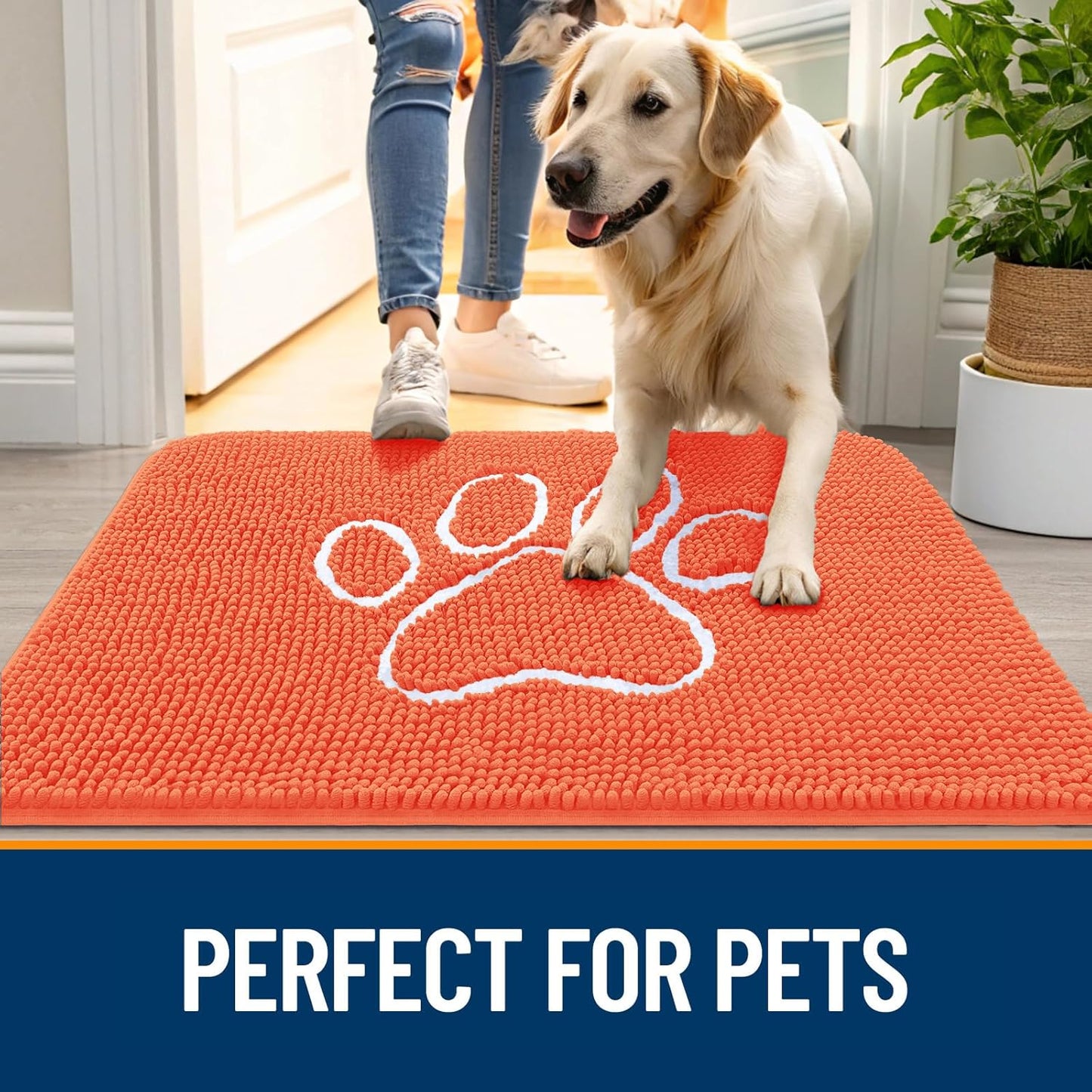 OLANLY Door Mat for Muddy Dog Paws 30x20, Ultra Absorbent Chenille Mud Doormat with Paw Print Design, Non-Slip Washable Doormat for Indoor Entryway, Quick-Dry Pet Bed Mats for Dirty Dogs, Coral