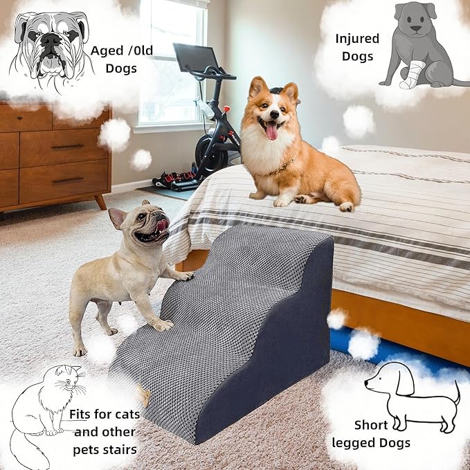 Dog Stairs to high beds, 3-step dog stairs for dogs to get on bed couch high 16"-20 inch, dog pet stairs for small large dogs cats climbing to bed, Non-Slip balanced doggy Grey (23.7*15.8*15.8 IN 33D)
