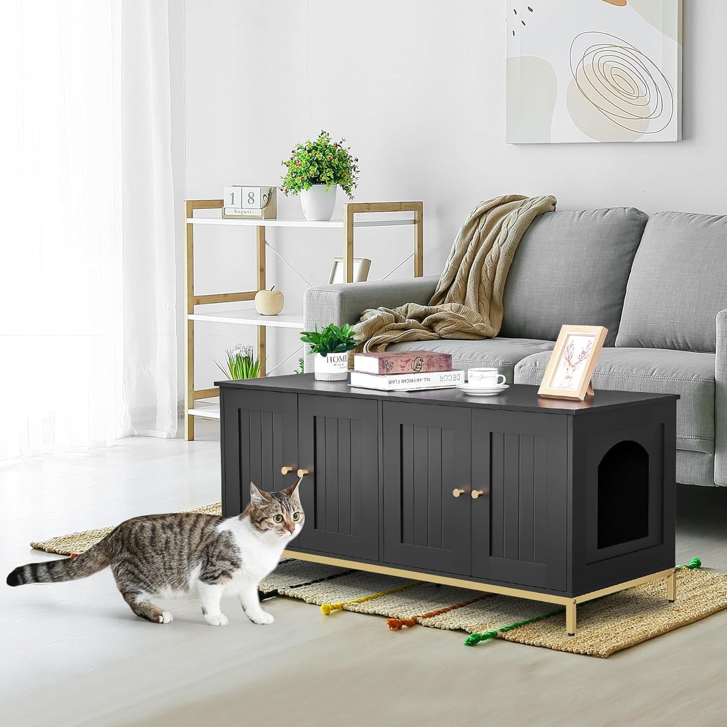 Homhedy Cat Litter Box Enclosure for 2 Cats, Cat Washroom Furniture with Double Room, Pet House with Metal Frame, 47.2”L x 17.7”W x 21.7”H, Black and Gold