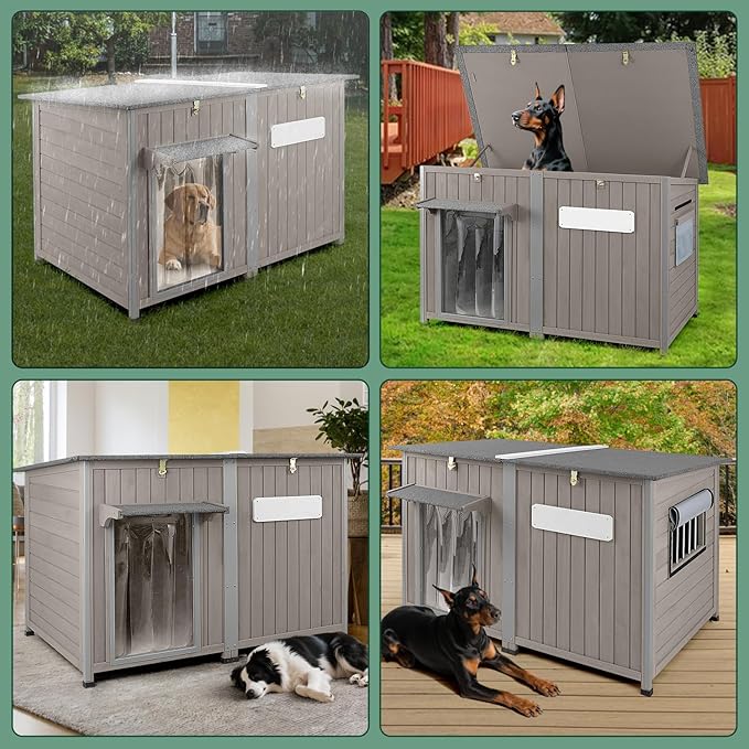 55" Extra Large Outdoor Dog House Weatherproof Wooden Doghouse Indoor for Large Breed Dogs with Anti Bite Frames with Window,10 Elevated Feet, Reinforced Bottom for Pet Up to 220LBS
