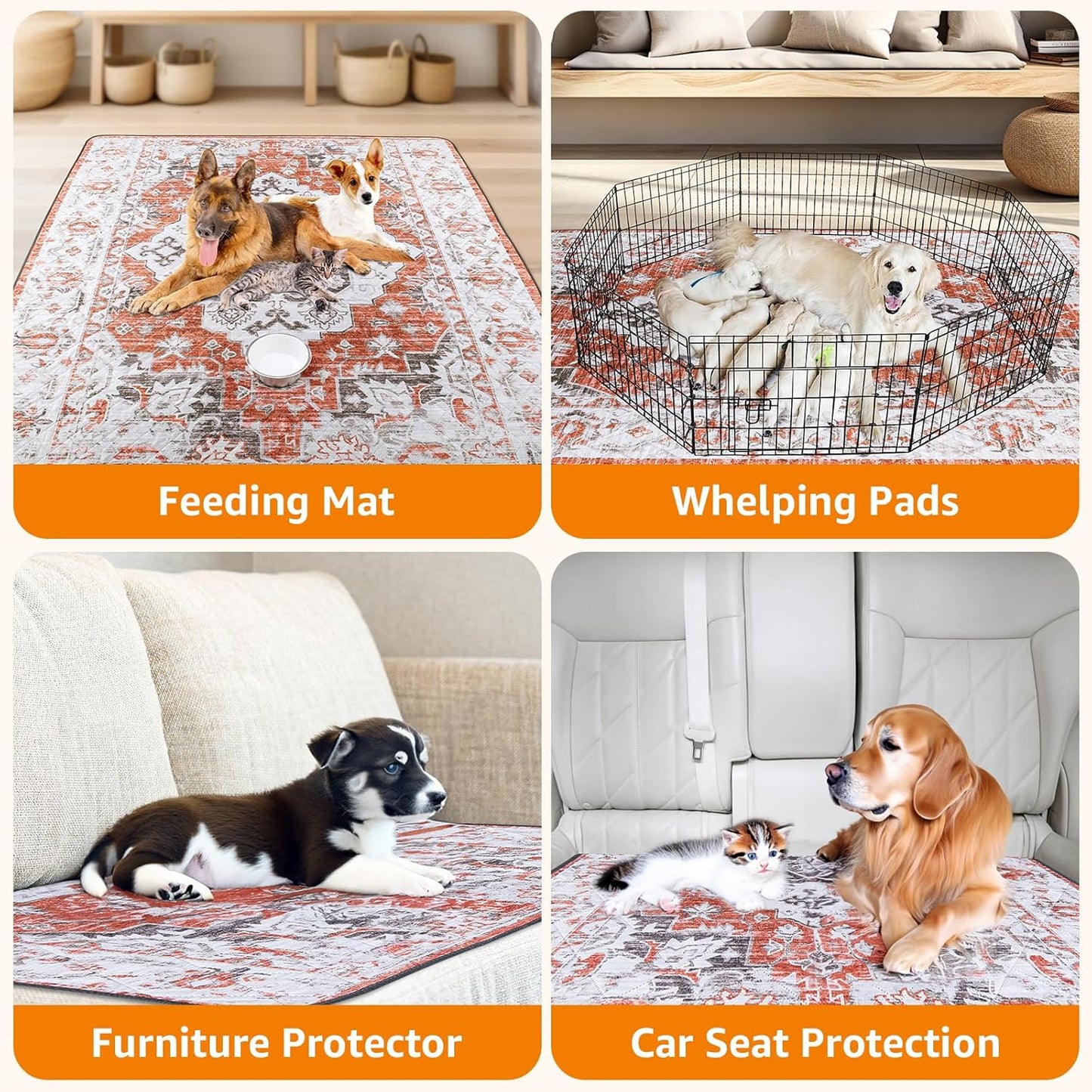 LOOBANI Reusable Pee Pads for Dogs, 2 Pack Super Absorbent Washable Puppy Pee Pads, Waterproof Non-Slip Whelping Pad for Floor Playpen Crate Couch-36 x48 (Red-Orange)