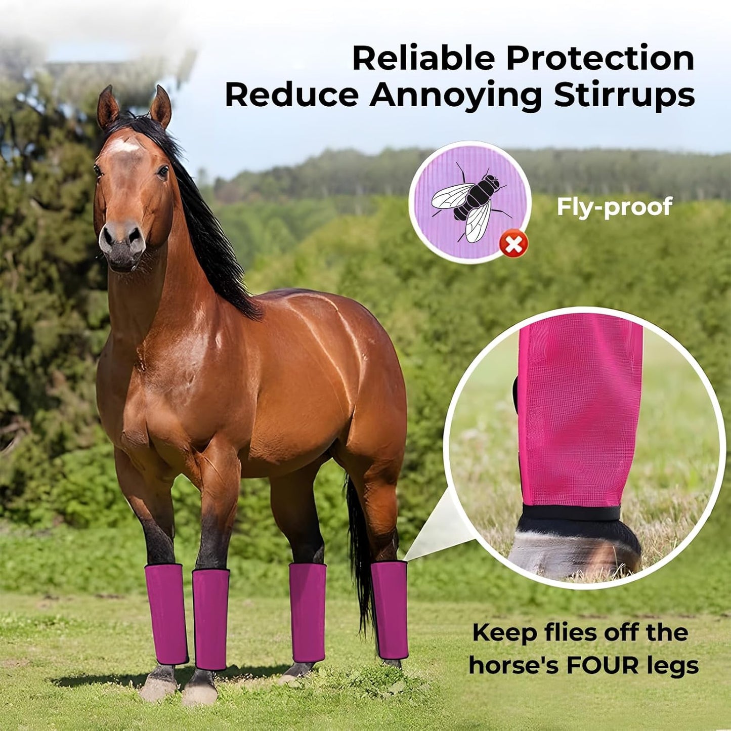 Mesh Horse Fly Boots Set of 4,Adjustable and Universal Loose Fitting & Non-Slip Horse Fly Leggings for Horses,Reduce Stressful Stomping (Pink)