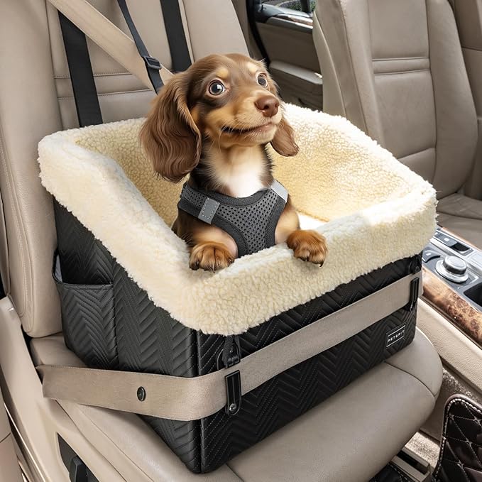 PETSFIT Small Dog Car Seat, Waterproof PU Leather Dog Booster Car Seat with Patented Safe Buckles, Detachable Dogs Seat Belt for Car, Dog Car Seat Medium Sized Dog up to 30 lbs (Black)