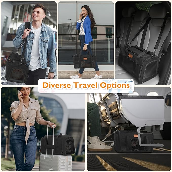 PETUX TSA Approved Pet Carrier in Cabin, 17"x11"x9.5" Soft Cat Carriers for Small Cat up to 12 lb and Puppy up to 10 lb, Top Open Portable Pet Carrier Airline Approved for Travel and Vet Visit (Black)