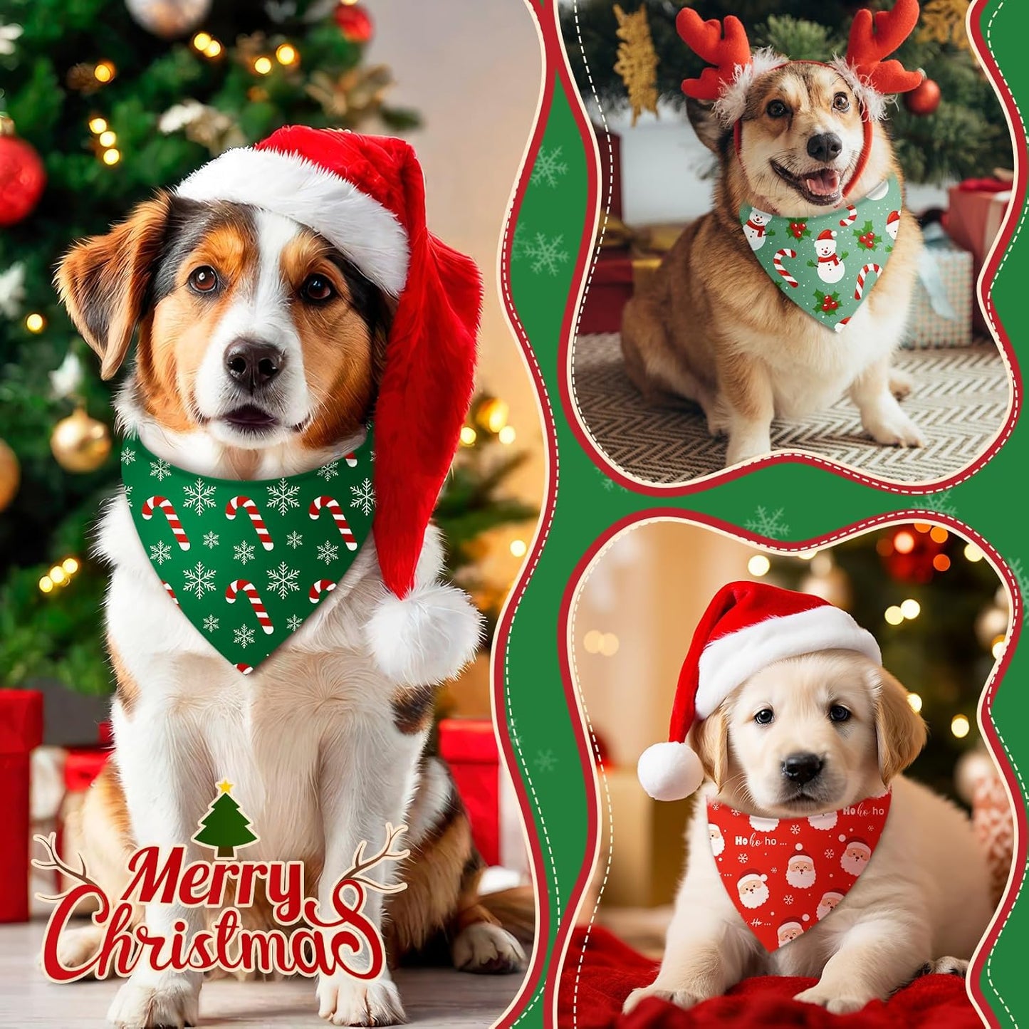 100 Pcs Christmas Dog Bandanas Bulk Xmas Santa Snowflakes Bandanas Adjustable Soft Bibs Triangle for Small Medium Large Pets Holiday Party Costume