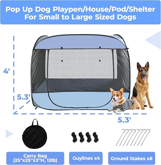 EighteenTek XLarge Popup Portable Dog Houses, 5.3'x4'H Assembly-Free Gazebo-Style Dog Cot Cat Playpen Screen Pet Tent Sun Shade Shelter Dog Bed with Canopy for Outdoor, Anti-Bugs with Leakproof Bottom