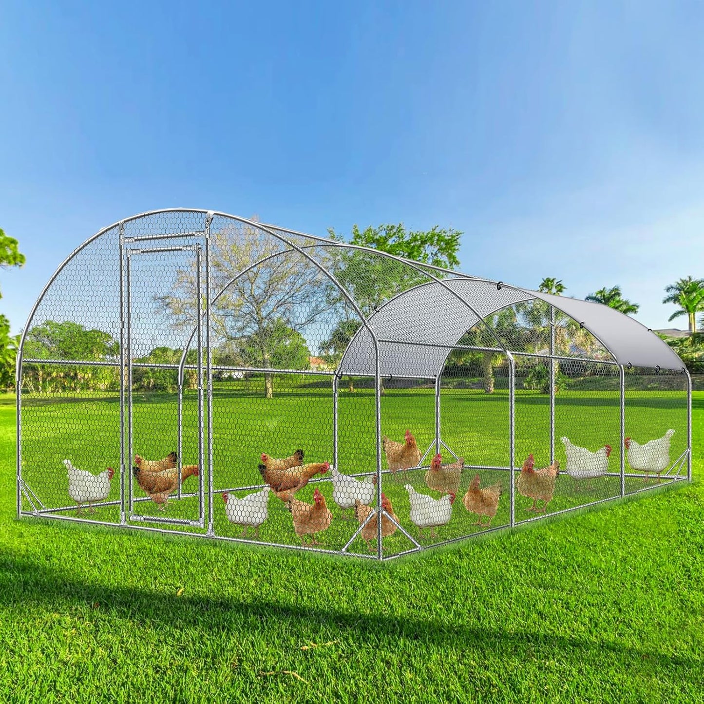 4ever2buy Large Metal Chicken Coop with Run Walk-in Poultry Cage Chicken Runs House Pen Cage Dome Roofed Chicken Coops with Anti-Ultraviolet Cover for Outdoor Backyard Farm Use 9.5'W x 19.3'L x 6.3'H