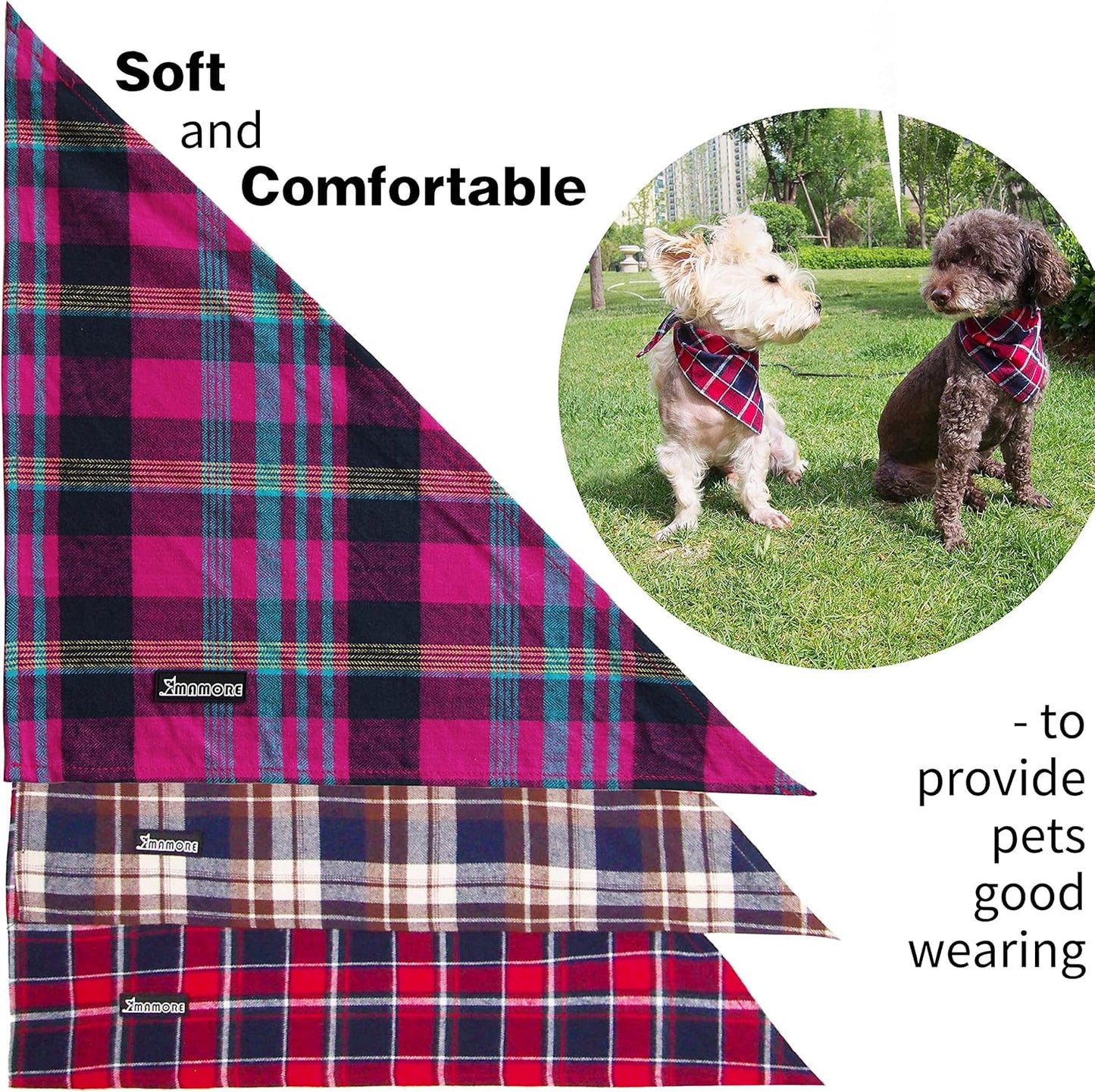 Adjustable Plaid Dog Bandanas,1PC Soft Washable Cotton Triangle Bib Kerchief Scarfs for Small Medium Large Dogs and Cats (Fuchsia&Blue, Large)