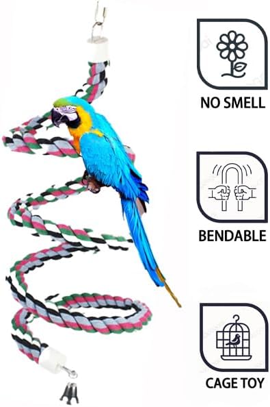 94.4inch Length Colorful Cotton Bendable Rope Perch Swing Bird Chew Toys Amazon Parrots Cage Toys with Bell Swing Climbing Standing Bungee Bird Toys for Regular to Big Size Birds