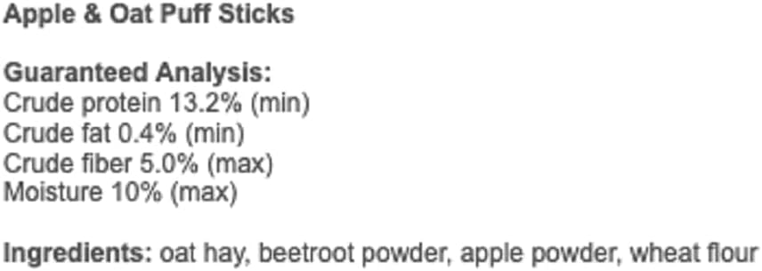 Apple & Oat Puff Sticks (6 oz.) - Healthy Natural High Fiber Chew Treat Made with Oat Hay - Rabbits, Guinea Pigs, Hamsters, Chinchillas, Degus, Prairie Dogs, Squirrels, Skunks, Opossums, Small Pets