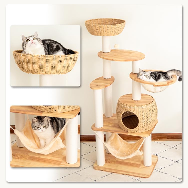 57'' Cat Tower for Large Cats, Manual Hand Woven Modern Multi-Level Condo with Natural Wood, Cat Activity Centre for Medium and Big Pets