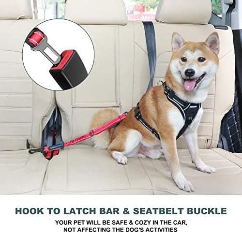 IOKHEIRA Dog Seat Belt 3-in-1 Car Harness for Dogs Adjustable Safety Seatbelt for Car Durable Nylon Reflective Bungee Fabric Tether with Clip Hook Latch & Buckle, Swivel Zinc Alloy Carabiner Red