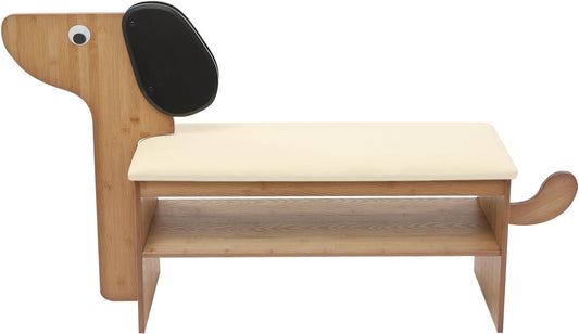 Cute Dog Shoe Bench with Cushion, 51.6”L x 11.8”W Puppy Shoe Storage Bench Beige 2-Tire Bamboo Shoes Rack Bench for Entryway Living Room Hallway Bedroom 220Lbs Load Capacity