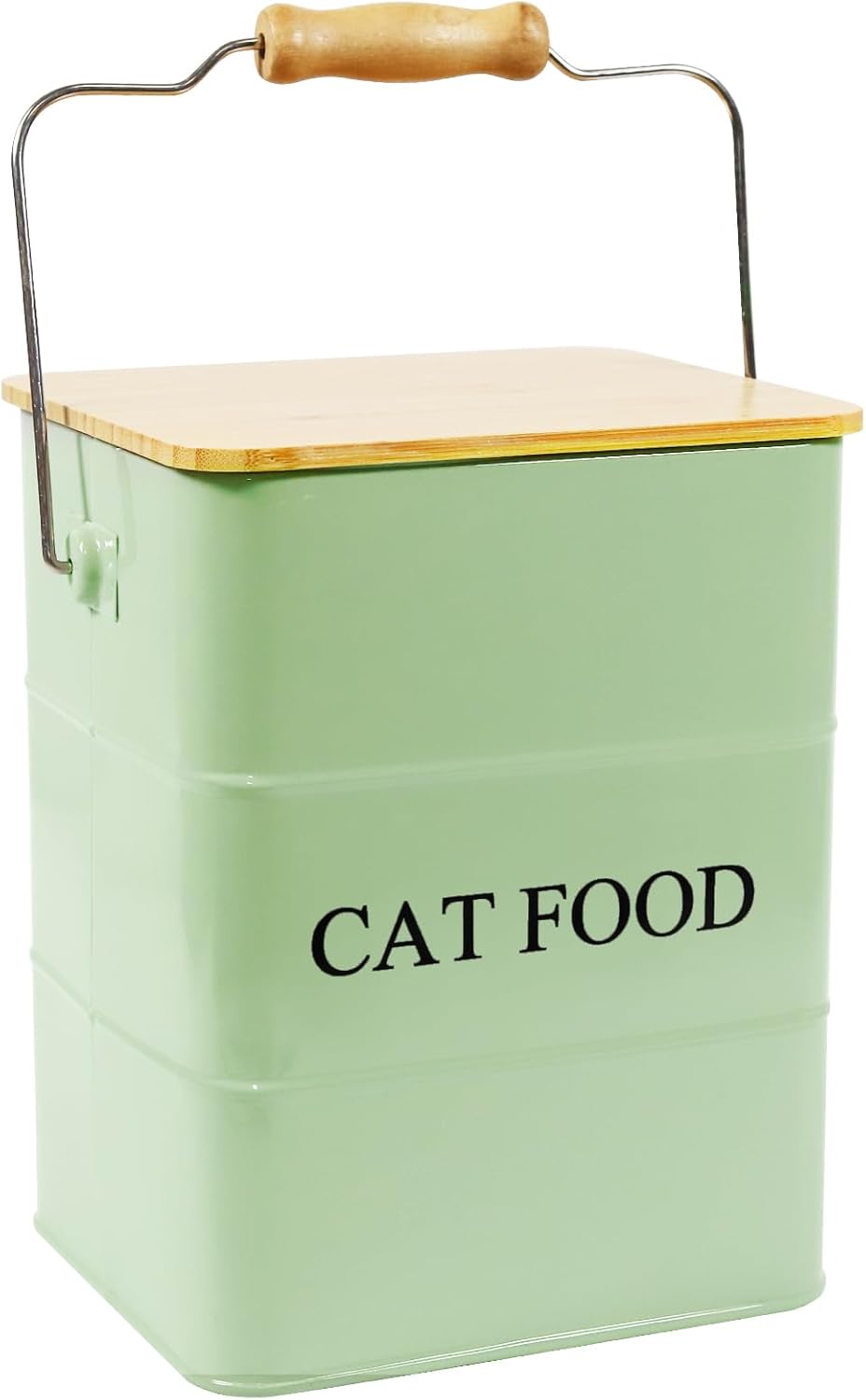 Cat Food storage container Cat Treats Jar,5~6 lb Metal food treats tin for Cat, pet snacks Canisters with wooden lid/handle/sevice scoop-Green