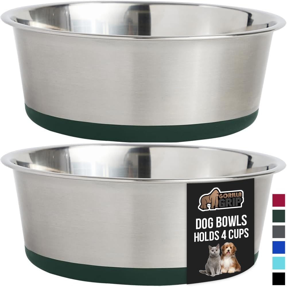 GORILLA GRIP Set of 2 Dog Bowls, Holds 4 Cups (32 fl oz), Heavy Duty Metal Food and Water Bowl for Feeding Dogs and Cats, Dishwasher Safe, Rust Resistant Stainless Steel, BPA Free Rubber Base, Green
