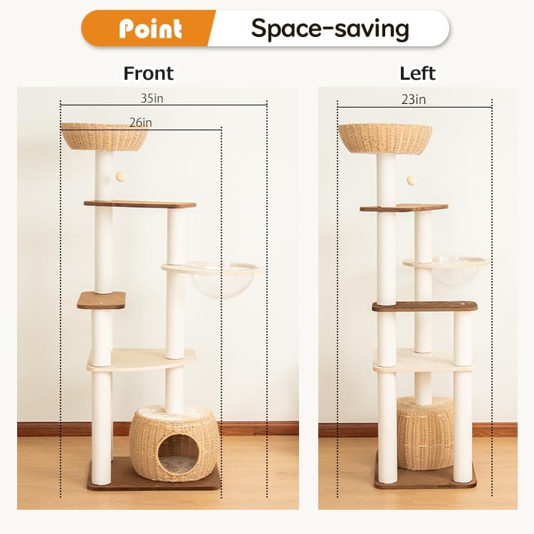 Wooden Cat Tower for Large Cats, 63’‘ Modern Multi-Level Condo with Natural Wood, Indoor Cat Furniture for Medium and Big Pets (White 81007DD)