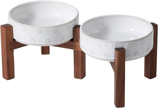 SPUNKYJUNKY Ceramic Dog Bowls Dog Bowl Set with Acacia Wood Stand Raised Dog Bowl Dog Food and Water Bowl for Small Medium Sized Dog (Shallow, 15.5cm)