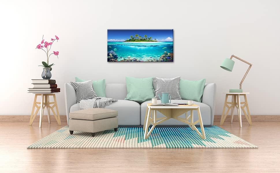 Tropical Island Coral Reef Landscape Canvas Wall Art for Living Room,Unique View Split Waterline Scenery,Beautiful Nature Summer Travel Scenic Picture Print Artwork Painting Decor,Inner Frame 20x40