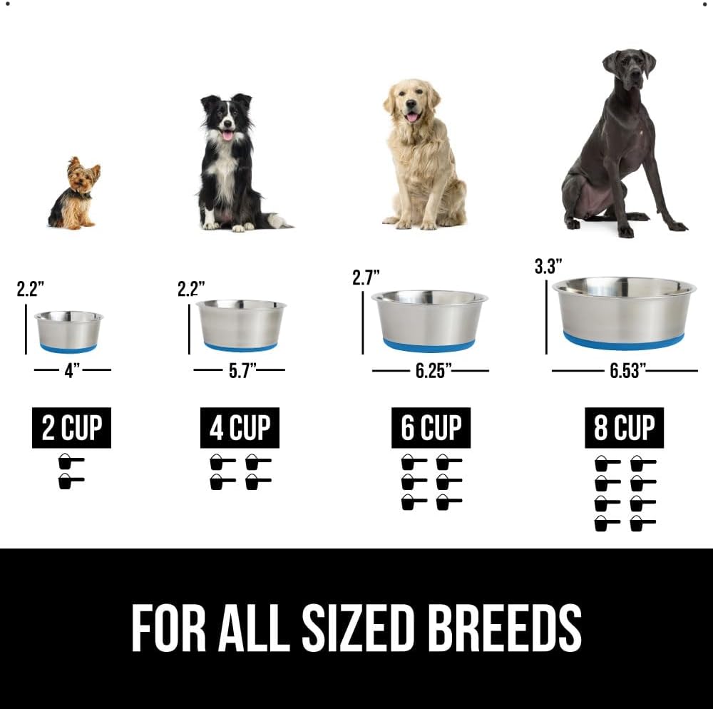 GORILLA GRIP Set of 2 Dog Bowls, Holds 6 Cups (48 fl oz), Heavy Duty Metal Food and Water Bowl for Feeding Dogs and Cats, Dishwasher Safe, Rust Resistant Stainless Steel, BPA Free Rubber Base, Blue