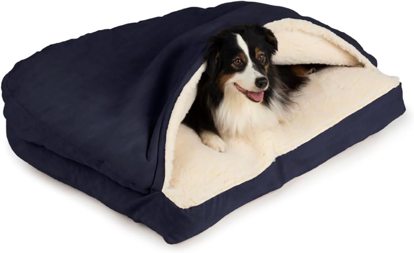 Snoozer Rectangle Cozy Cave Dog Bed - Indoor Dog Bed with Cover Cave, Covered Calming Burrow for Medium & Large Sized Pets with Blanket Attached, Enclosed, Washable - Large, Navy