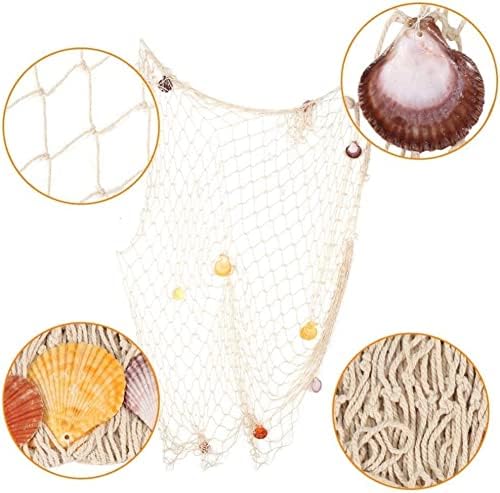 Nature Fish Net Wall Decoration with Shells, Ocean Themed Wall Hangings Fishing Net Party Decor for Pirate Party,Wedding,Photographing Decoration (2pack-Beige/Beige)