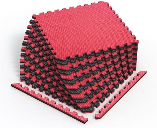 Norsk Reversible Gym Exercise Mats 3/4" Thick EVA Interlocking Foam Tiles, Perfect Home Gym Flooring, 24 Tiles & 48 Trim Pieces, 96 Sq. Ft. Reversible, Red/Black