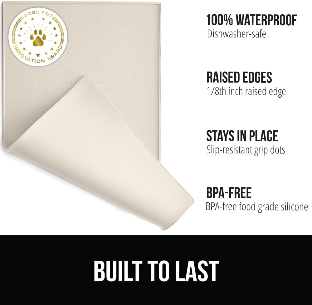 GORILLA GRIP 100% Waterproof Raised Edge BPA Free Silicone Pet Feeding Mat, Dog Cat Food Mats Contain Spills Protects Floors, Placemats for Cats and Dogs Water Bowl, Pets Accessories 18.5x11.5 Cream