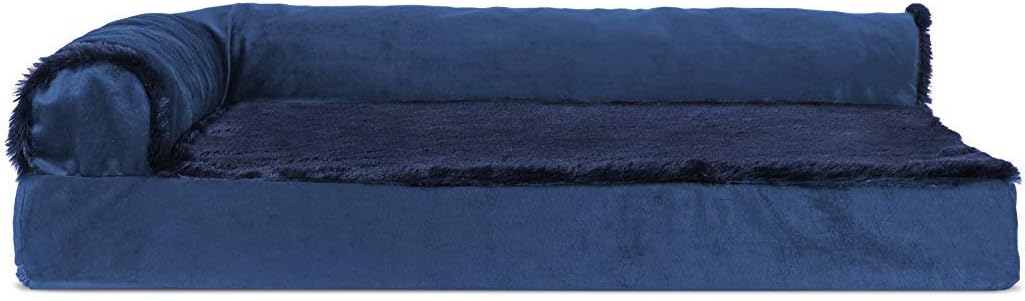 Furhaven Cooling Gel Dog Bed for Medium/Small Dogs w/ Removable Bolsters & Washable Cover, For Dogs Up to 35 lbs - Plush & Velvet L Shaped Chaise - Deep Sapphire, Medium