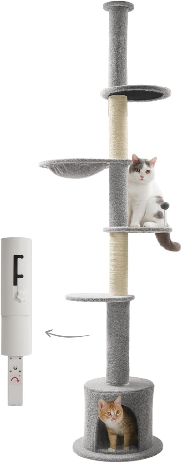 Made4Pets Floor to Ceiling Cat Tree 93-106'',Tall Cat Tower 5 Tiers,Adjustable Height, Stable Cat Tree Tower with Scratching Posts, Fluffy Condo, Hammock and Ball Toy for Indoor Cats/Kitten, Gray