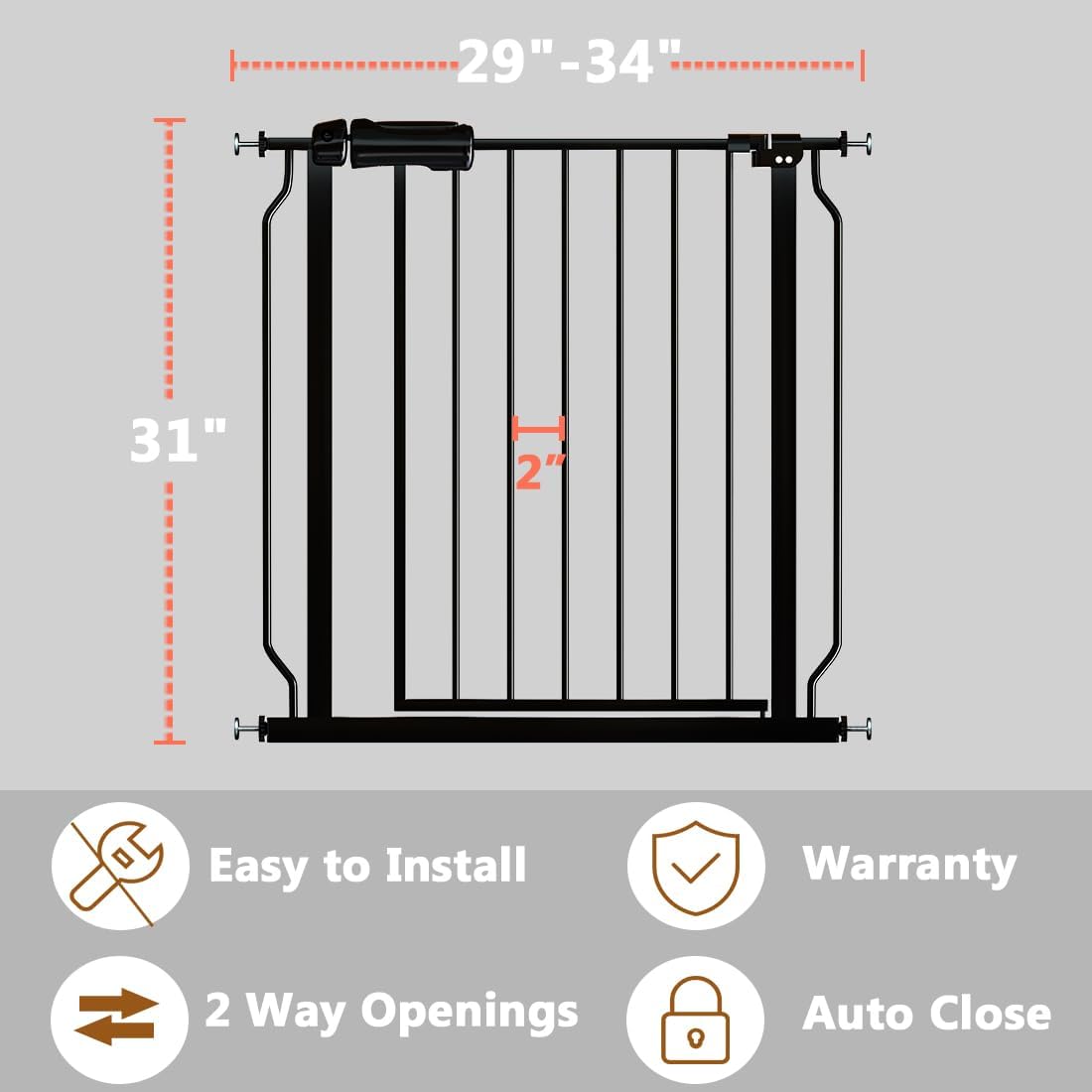Fairy Baby Walk Through Black Baby Gate 29-34 Inch Wide, Pressure Mounted Safety Gate with Door No Drill, Tension Metal Gate for Dog and Toddler