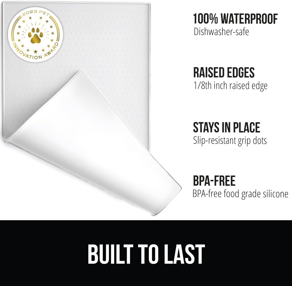 GORILLA GRIP 100% Waterproof Raised Edge BPA Free Silicone Pet Feeding Mat, Dog Cat Food Mats Contain Spills Protects Floors, Placemats for Cats and Dogs Water Bowl, Pets Accessories 16x10, White