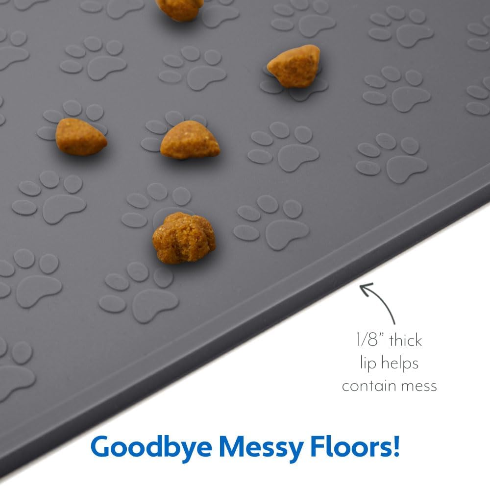 MIGHTY MONKEY 100% Waterproof Dog Food Mat, Raised Edges Silicone Pet Feeding Placemat for Cat, Dogs, Pet Bowls, High Lipped Tray Prevents Water Spills, Food on Floor, Dishwasher Safe, 24x16, Gray