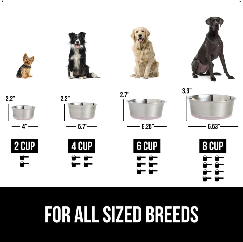 GORILLA GRIP Set of 2 Dog Bowls, Holds 6 Cups (48 fl oz), Heavy Duty Metal Food and Water Bowl for Feeding Dogs and Cats, Dishwasher Safe, Rust Resistant Stainless Steel, BPA Free Rubber Base, Lt Pink