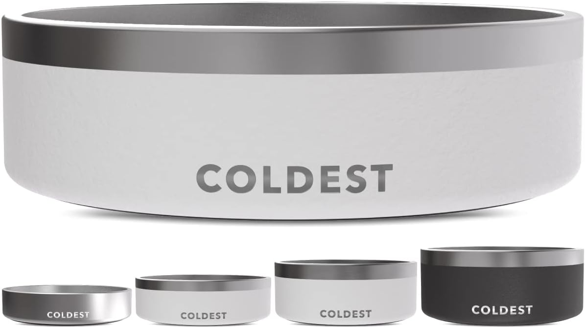 Coldest Dog Bowl - Anti Rust Metal, Non Slip, 3 Layers Insulated Stainless Steel Dog Bowls - Spill Proof & Heavy Duty - Water Bowl for Dogs, Cats & Pets, Dish Washer Safe (42 oz, Epic White)