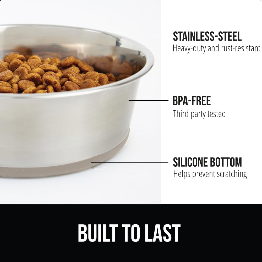 GORILLA GRIP Set of 2 Dog Bowls, Holds 6 Cups (48 fl oz), Heavy Duty Metal Food and Water Bowl for Feeding Dogs and Cats, Dishwasher Safe, Rust Resistant Stainless Steel, BPA Free Rubber Base, Beige