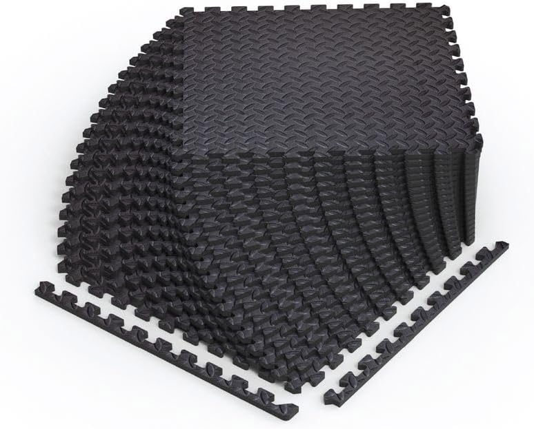 Norsk Foam Floor Gym Mats with Interlocking Tiles, .47" Thick, 24"x24", 48-Pack, 192 Square Feet, Diamond Plate Design, Black