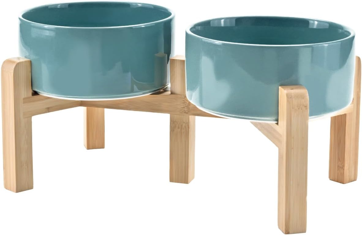 SPUNKYJUNKY Elevated Dog Bowls Ceramic, 6.1'' Dogs and Cat Food Water Bowls Raised with Non-Slip Bamboo Stand for Medium Sized Breed Microwave Dishwasher Safe - 28.7 OZ,Dark Green