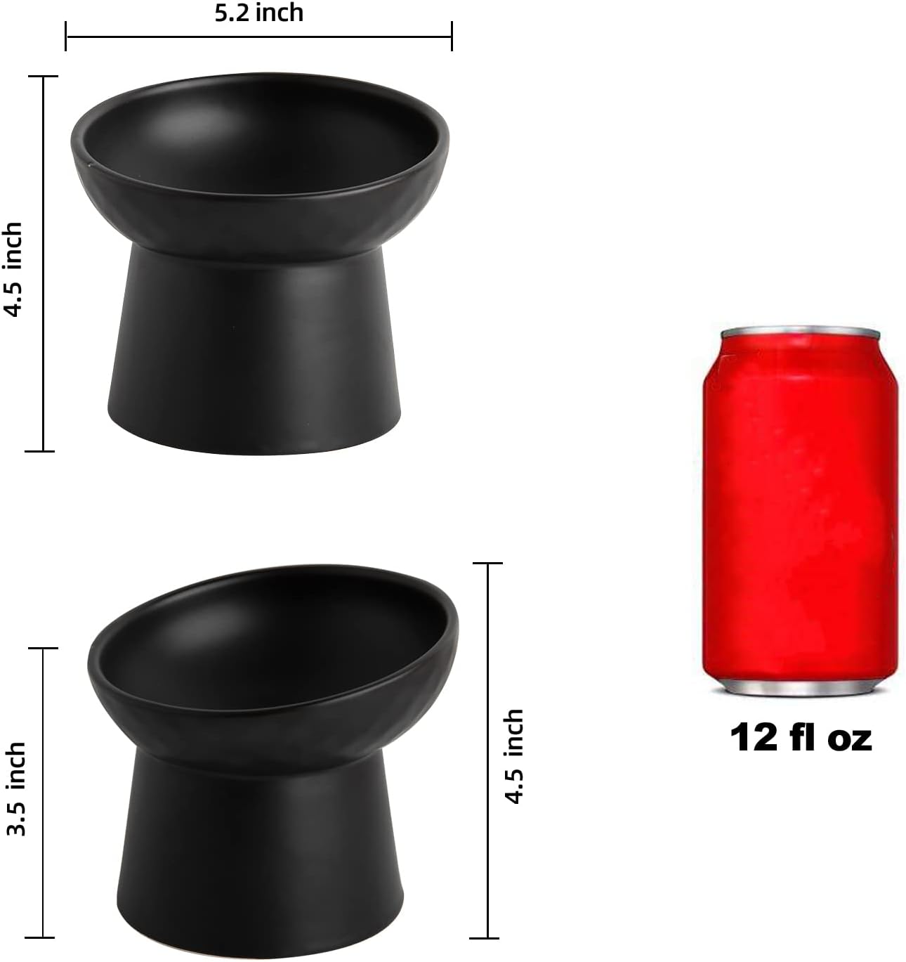 Ceramic Raised Cat Bowls, Elevated Tilted Cat Food and Water Bowls Set, Porcelain Stress Free Pet Feeder Dish for Cats and Small Dogs, Dishwasher and Microwave Safe, Set of 2(Black)