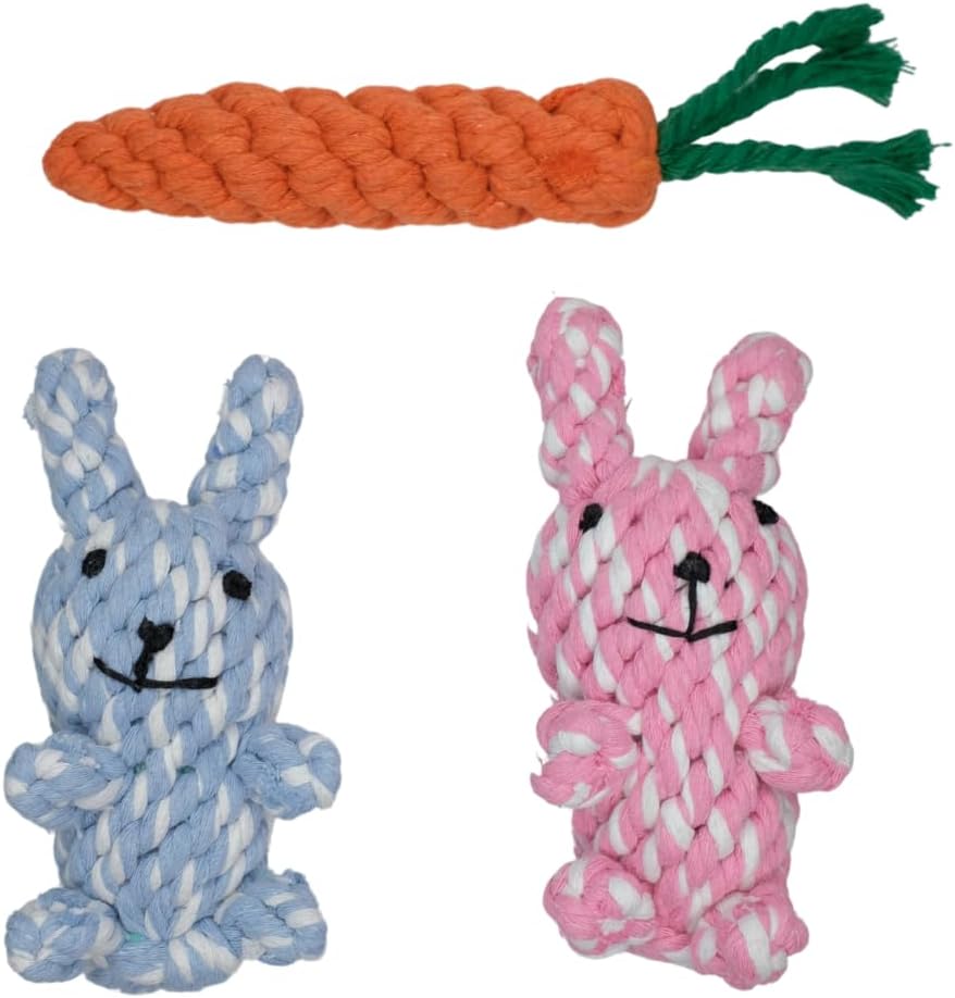 HILLBERRY Dog Rope Chew Toy Cotton Pink and Blue Rabbits and Carrot Bundle Set for Teething Puppy, Small, Miniature and Toy Breed Cute Pet Play Essentials