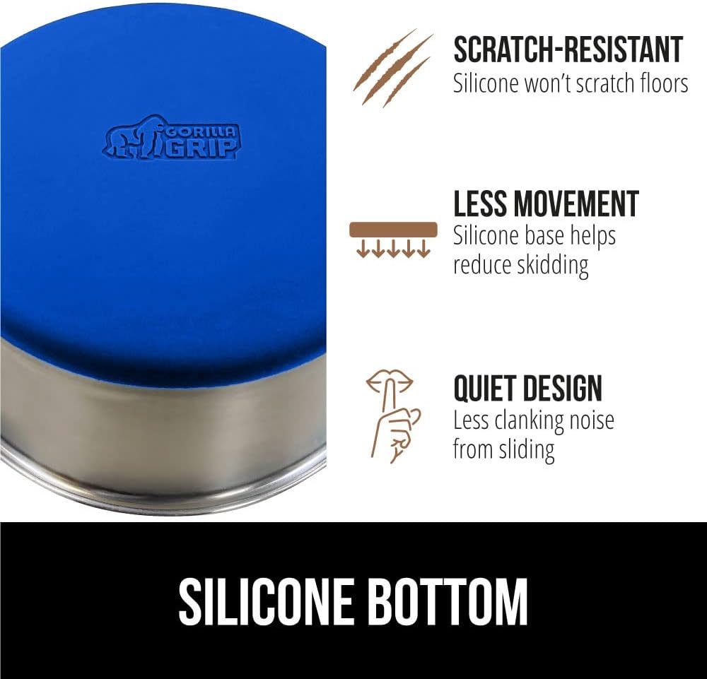 GORILLA GRIP Set of 2 Dog Bowls, Heavy Duty Metal Food and Water Bowl for Feeding Dogs and Cats, Dishwasher Safe, Rust Resistant Stainless Steel, BPA Free Rubber Base, Holds 1 Cup (8 fl oz), Blue