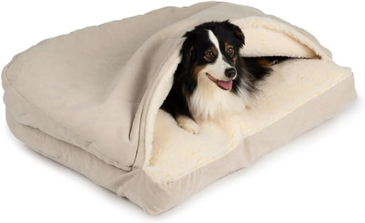 Snoozer Luxury Rectangle Cozy Cave Dog Bed - Indoor Dog Bed with Cover Cave, Covered Calming Burrow for Medium & Large Sized Pets with Blanket Attached, Enclosed, Washable - Large, Buckskin