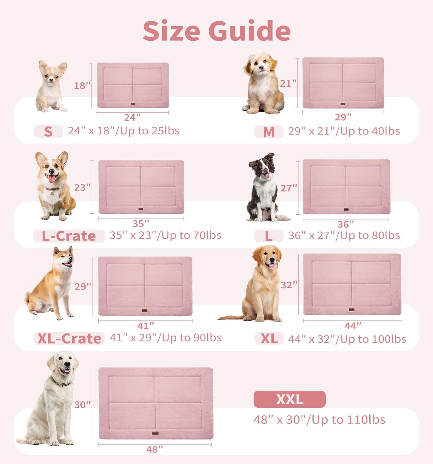 MADE 4 PETS Dog Crate Pad Bed for Medium Dogs, Washable & Reversible, Anti-Slip Kennel Mat for Cozy Sleeping, Soft Fluffy Dog Bed for Indoor & Outdoor Use, 29"x21", Pink