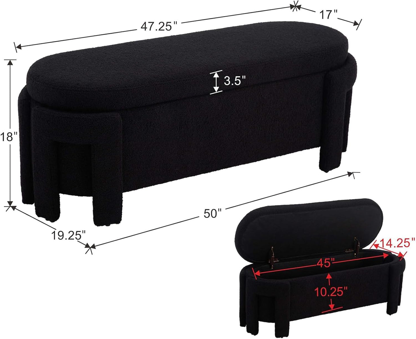 Kmax 50" Storage Ottoman Bench Modern Faux Fur Boucle Entryway Bench Comfy Upholstered End of Bed Bench for Hallway Entrance Bedroom Corner, Black